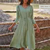 Причина V шеи рюмки длинное платье женщин одежда кнопка a-line весна осень элегантный зеленый boho vestidos 210427