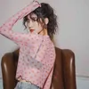 メッシュクロップトップロングスリーブTシャツ女性夏ピンクプリントTシャツカジュアル透明ティー韓国服210427