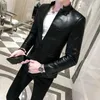 Solid Black Slim Fit Blazer Hombre Pu Leather Jacket Men One Button Business Com Blazers For Korean Suit Coat 210904239y