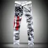 Men Autumn Hip Hop Denim Jeans Classic Spaper Letter Printed Casual Slim Cowboys Trousers Man Young Fashion White234I