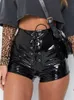 Ahagaga faux pu shorts de couro mulheres calças lace up vermelho preto cintura alta feminina sexy bandage mini buttoms 210724