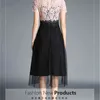 Women Summer Quality Lace Dresses Elegant Slim Cutout Floral Patches Black Mesh Casual Party Midi Flare Vestidos 210603