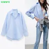 Camicia oversize in popeline blu Donna Estate Moda Streetwear Bottoni Camicie donna Manica lunga Orlo asimmetrico Top donna 210430