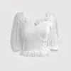 Dabuwawa Sexy Spitzenbesatz, schmal geschnittene weiße Bluse, Damen, edel, solide, quadratische Halsausschnitt, Puffärmel, Hemden, Damenoberteile, DT1BLA005 210520
