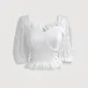 Dabuwawa Sexy dentelle garniture Slim ajusté blanc Blouse femmes chic solide col carré manches bouffantes chemises dames hauts DT1BLA005 210520