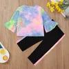 Enfants d'hiver Ensembles à manches longues Lettre Tie-Dye T-shirt Patchwork Pantalon noir Mignon 2pcs Vêtements pour filles 6M-4T 210629