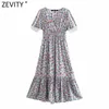 Femmes élégantes col en V imprimé floral plissé volants robe midi femme dentelle patchwork élastique vestido chic boho robes DS8332 210420