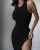 Летние женщины сплошные ruched танковое платье нового Femme равнина тощий круглый шеи асимметрия мини-платье офис леди наряды Vestidos 210415