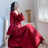 Spring Korean Vintage Temperament Red Long Dress Women Puff Sleeve Pleated Mid-length High Waist 12911 210508