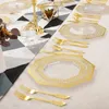 Disposable Dinnerware 50 Pieces Of Golden Party Tableware Set Table Decoration Octagonal Plastic Plate Wedding Birthday Supplies