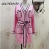 Pink Long Sweater Cardigans Runway Fashion V-Neck Sleeve Pocket Elegant Christmas Clothes With Sashes Knitted Outwear 211011