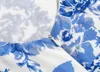 Vintage France Summer Blue White Floral Print Spaghetti Strap Midi Dress Sexig Kvinnor Sling Lacing Up Backless Dresses Holiday 210429