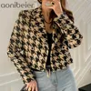 Winter Vrouw Turn Down Collar Double Breasted Minimalistische Losse Plaid Katoen Zware Tweed Jas Cardigan Jas Uitloper 210604