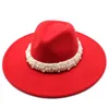 Wide Brim Hats 9.5CM Wool Jazz Fedora Casual Men Women Leather Pearl Ribbon Felt Hat White Red Pink Panama Trilby Formal Party Cap