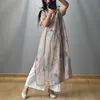 Johnature Women Vintage Ramie Stand Dresses Drukuj Kwiatowy Lato Wysokiej Jakości Krótki Rękaw Przycisk Kobiet Chiński Styl Dress 210521