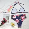 Kvinnors badkläder höga midja vadderade baddräkter kvinnor sexiga sommar två bitar bikini set halter bh topp kort floral beachwear baddräkt