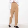 [EAM] Wysoka talia Żółta Paski Split Długie Spodnie Niska Nowe Luźne Fit Spodnie Damskie Fashion Tide Wiosna Jesień 2021 T44007 q0801