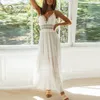 Summer Women Maxi Spaghetti Strap White Lace Crochet Backless Vocation Tunic Long Beach Dress 210415