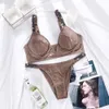 Seksi Kadınlar için İnce Fincan Sırları Sıcak Bikini Tanga Iç Çamaşırı kadın Külot Ayarlanabilir Sutyen Seti Mektup Rhinestone Lingerie X0526