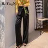 Beiyingni taille haute jambe large pantalon couleur unie surdimensionné soie Satin Vintage noir rose femme décontracté pantalon ample 211008