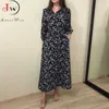 Mulheres Floral Impressão Elegante Vintage Uma Linha Vestidos Longos Vestidos Primavera Summer Collar Collar Chic Party Maxi Drplus Size Robe Femme X0529