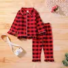 6 M-5Y Kerstmis Peuter Kid Meisjes Pyjama Sets Rode Plaid Ruffles Lange Mouw Top Broek Kinderen Nachtkleding Herfst Spring 210515