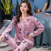 Mulheres pijamas conjuntos de algodão sleepwear colarinho coleira de manga longa outono plus tamanho pijama lattice casual homewear pijama 210809