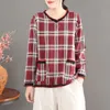 Moda de otoño mujeres de manga larga de doble bolsillo de bolsillo V-cuello en V 100% algodón a cuadros casual camiseta femme tops M311 210512