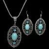 Dames Ovale Holle Tibetaanse Zilveren Turquoise Armband Oorbellen Ketting Set DMTQS035 Mode Gift Nationale Stijl Dames DIY Sieraden Sets