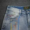 Amerikanska street mode män jeans sommar designer rippade denim shorts retro ljusblå målade hip hop punk kort för 09g4