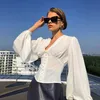 Foridol Lantern Sleeve White Blouse Tops V Neck Button Up Crop Spring Autumn French Style Casual Shirts 2021 Women's Blouses &