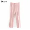 Kvinnor plaidbyxor elastisk midja mantel penna dam dragkedja fluga rosa färg mode långa byxor pantalon femme 210515