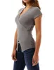 Sexy Slim t-shirt femmes t-shirt col en v profond à manches courtes rayé coton tricoté croix Patchwork femmes Poleras De Mujer Moda X0628