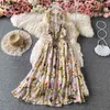 Chiffon Floral Dress Women Summer Robe V Neck Sleeveless Off Shoulder Dresses Korean Temperament Vintage Maxi Vestido 210519