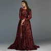 Bourgondië luxe glitter lovertjes avondjurken een lijn 2022 Arabische Dubai Marokkaanse kaftan vrouwen formele feestjurken lange mouwen prom dress speciale gelegenheid