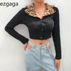 Ezgaga jaqueta sexy leopardo leopardo colarinho de manga comprida fina fina magro solteira senhoras tops streetwear moda 210430
