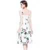 Summer Women Rose Print Strap Dress White Sleeveless Vest A-Line With Lining Female Vestidos 210514