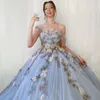 Party Dresses Prom Long Evening Off Shoulder Applique Beaded 3D Floral Dress With Train Pattern