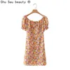 Summer French Vintage Girly Square Neck Oil Painting Floral Sweet Puff Sleeve Thin Dress Female Vestidos Fashion 210508