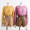 Elastische hoge taille losse PU lederen shorts vrouwen Engeland stijl sjerpen wijd been korte dames sexy herfst winter 210714