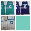 レトロな安い1つのTyrone Muggsyジャージーメンズ2ラリージョンソン30デルカレー33 Alonzo Mourning White Green Purple Basketball Jersey