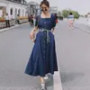 Sommer Damen Vintage Kleid Square Neck Einreiher Hohe Taille Denim Casual Kleider 210531