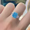 OEVAS 100% 925 Sterling Silver Aquamarine Wedding Rings For Women Sparkling High Carbon Diamond Engagement Party Fine Jewelry 211217