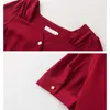 Летний с коротким рукавом квадратный воротник шифон блузка вино красный сладкий корейский кардиган все-матча топ женские женские рубашки 10052 210527