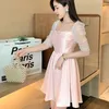 Runway Polka Dot Puff Sleeve Patchwork Poplin Rosa Kvinnor Sommar Square Collar Backless Sweet Girls Short Dress 210416