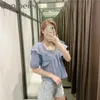 Sommer Bluse Rüschen Kurzarm Crop Tops Weibliche Elastische Off Schulter Casual Square Neck Lose Plaid Bluse 210604