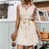 Mode Casual Urlaub Rüschen V-Ausschnitt Punkte Sommer Frauen Sleeveless Button Strand Minikleid Streetwear Vestidos 210414