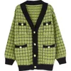 QNPQYX Black Plaid Knit Cardigan Button Harajuku Women Knitted Sweater Fashion Casual Autumn Winter Sweater Oversized Cardigans