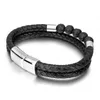 Classic Men Style Double Layered Leather Bracelet Natural Stone Strands Bracelets Jewelry for Gift