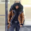 Lugentolo Mannen Faux lederen jas Hooded Winter Grote bontkraag rits buitenkleding Dikke korte casual jas